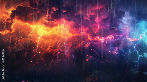 A radar screen displaying an abstract visualization of a rainstorm with vibrant colors, lightning bolts, and cloud formations, set against a dark background