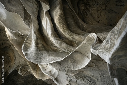 Intricate rock formations resembling draped fabric in a natural cave setting