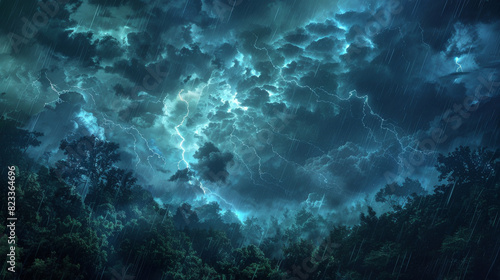 An artistic depiction of a stormy sky over a dense forest, with heavy rain and lightning strikes illuminating the dark clouds