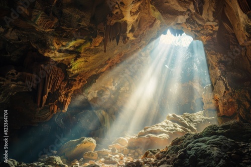 Sunbeams piercing through an opening in a cave, highlighting the mystical atmosphere