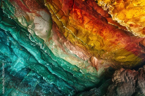 Striking image of mineral-rich layers in a cave showing vibrant colors and unique geological textures