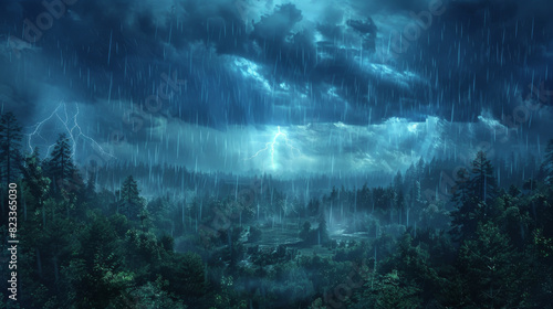 An artistic depiction of a stormy sky over a dense forest, with heavy rain and lightning strikes illuminating the dark clouds