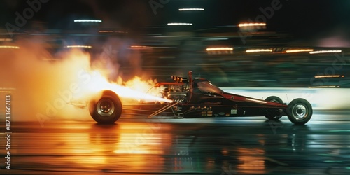 Dragster car at the start of the race with fire and smoke behind the car