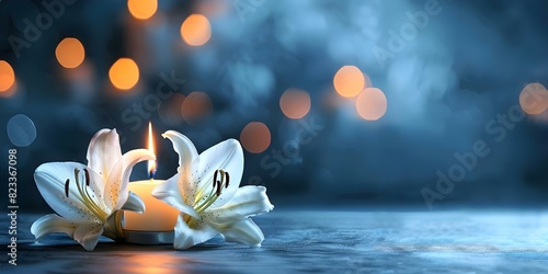 Candlelit Lily on Dark Background as a Symbol for Funerals. Concept Funeral Symbolism, Candlelight Photography, Lily Flower, Dark Background Metaphor