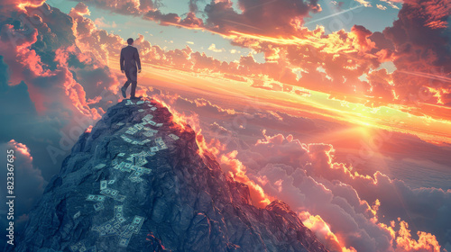 A businessman in a suit climbing a steep mountain at sunset, with a glowing horizon and scattered dollar bills representing financial success and achievement