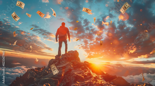 An image of a determined businessman scaling a rocky mountain peak during sunset, with dollar bills floating in the air around him symbolizing the pursuit of wealth