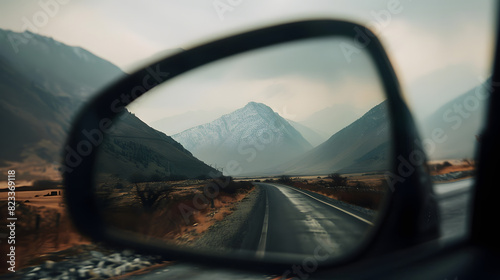 Amazing view of mountains in side mirror of car on roadtrip