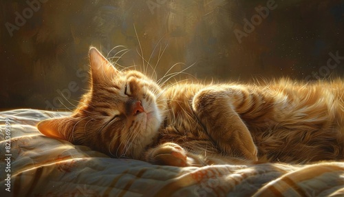 See a cat feeling serene, lying in a sunbeam with eyes closed