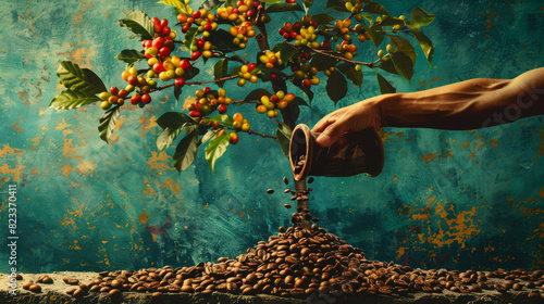 An artistic composition showing a hand pouring coffee beans into a pile, with a stylized coffee tree in the background, blending natural elements with abstract design