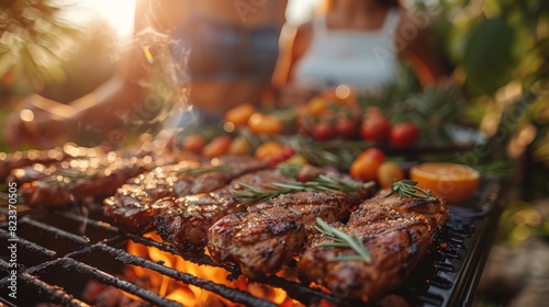 Close-up of juicy barbecue meats grilling with fresh vegetables on a sunny day