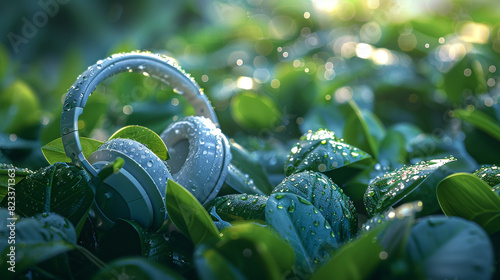 Headphones on a fresh green background with a dewdrop effect, refreshing and lively.