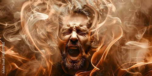 Man's Portrait Screaming Amid Fiery Smoke, Symbolizing Mental Health Burnout. Concept Portrait Photography, Man's Portrait, Fiery Smoke, Mental Health Burnout, Symbolism