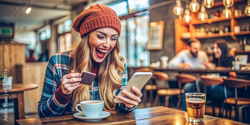 Cheerful hipster girl excited with good news reading mail on smartphone sitting in a coffee shop, emotional woman happy about getting discount for internet communication checking the news on telephone