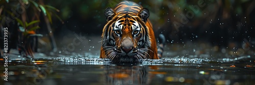 Exploring dense mangrove swamps of the Sundarbans a Bengal tiger prowls silently through the murky waters its powerful muscles rippling beneath its striped coat as it stalks its prey