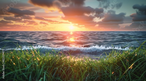 Gentle waves lapping at a grassy shore under a vibrant sunset
