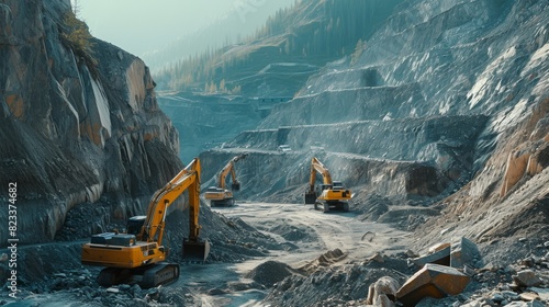 Multiple yellow excavators operating on different terraces of a large, rocky quarry under clear skies, emphasizing scale and industrial power.