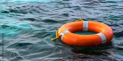 An orange lifebuoy symbolizes safety and hope in the open sea. Concept Maritime, Safety, Hope, Orange Lifebuoy, Open Sea