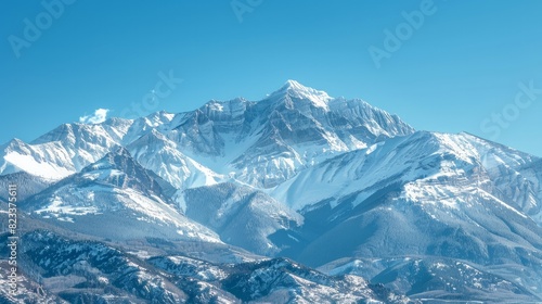 Snow-covered mountain peaks under a clear blue sky. 
