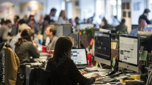 Busy Newsroom with Journalists Working and Computers Displaying Articles 