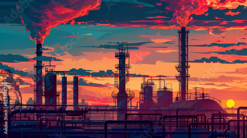 A sunset over a city skyline with a large oil refinery in the background. The sky is filled with clouds and the sun is setting, creating a warm and peaceful atmosphere