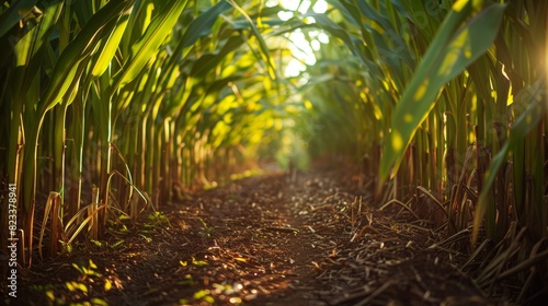 The sun's golden glow bathes a tranquil sugarcane field, creating a serene and warm ambiance