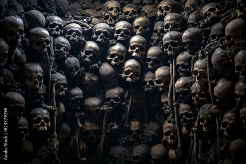 Chilling image displaying an array of human skulls stacked in a dark catacomb