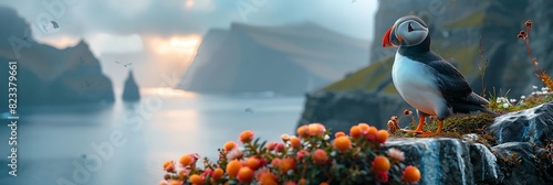 Exploring rugged coastline of the Faroe Islands a colony of puffins gathers for their annual nesting season their colorful beaks and distinctive markings a striking contrast to the stark cliffs