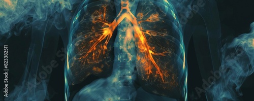 A diagnostic Xray showing obstructive lung disease, with visible bone and ligament structures, aiding in the accurate assessment of lung function and obstruction