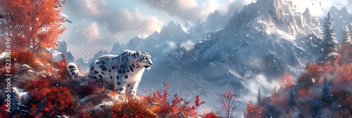High atop snowy peaks of the Himalayas a majestic snow leopard blends seamlessly into its rocky surroundings its keen eyes scanning the landscape for prey