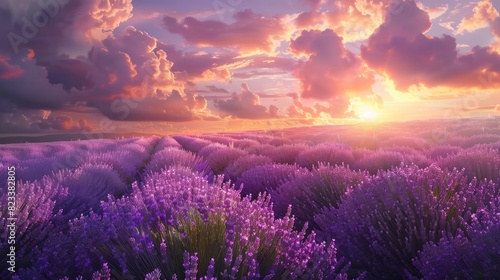 A lavender field in full bloom under a sunset sky. --ar 16:9 Job ID: 8bf48bb4-612c-4007-a77a-28836f3cf42b