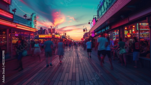 A sunset over a lively boardwalk with people walking, surrounded by neon lights and shops.