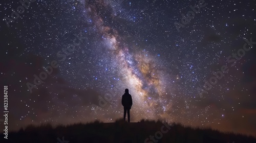 Depict a majestic view of the Milky Way galaxy stretching across the sky, with a silhouette of a lone observer, Close up