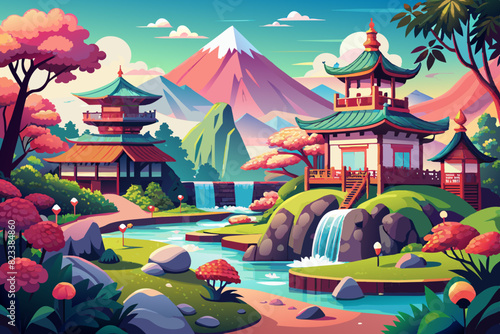 Landscape of Japanese natural views with Japanese traditional houses and fountain vector illustration 