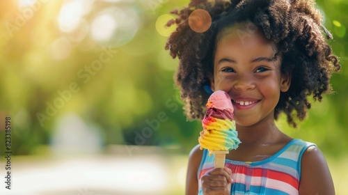 A young girl is holding a rainbow ice cream cone and smiling
