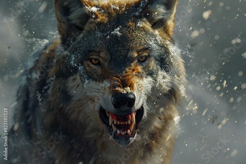 Illustration of wolf roaring in the snow with it's teeth open, high quality, high resolution