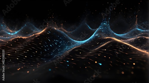 An example of data technology. futuristic backdrop that is abstract. Wave on a black backdrop with lines and dots connecting it. Particle wave.