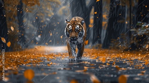 A striking image of a tiger walking confidently on a wet path amidst a rain-soaked autumn forest, highlighted by falling orange leaves and droplets.