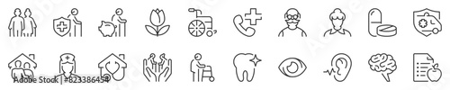 Line icons about elderly. Contains such icons as nursing home, insurances, medical assistance and more. Editable vector stroke. 512x512 Pixel Perfect in transparent background.