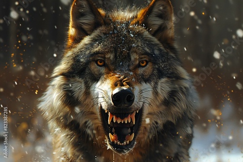 Wolf roaring in the snow with it's teeth open, high quality, high resolution