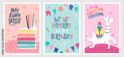 Set of birthday postcards with confetti, balloons, an alpaca and hand writing. Invitations, happy birthday. Vector templates great for card, poster, flyer or banner