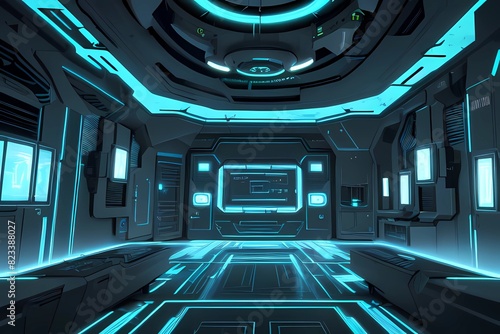 ゲーム背景風未来SF的異次元惑星ベース基地サイバールーム室内エントランス