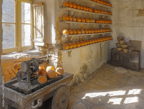 A room with a wheeled cart full of orange pottery. The room is dimly lit and the pottery is arranged in rows