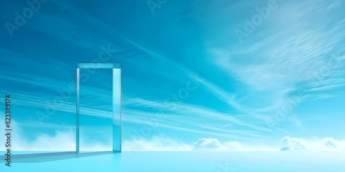 Symbolic open door to blue sky represents passage to new life. Concept Symbolic Interpretation, Open Door, Blue Sky, Passage, New Life