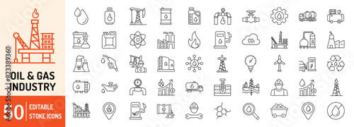 Oil and Gas editable stroke outline web icons set. Oil, gas, refinery, offshore platform, petroleum, lubricant, oil barrel and gas pump. Vector illustration