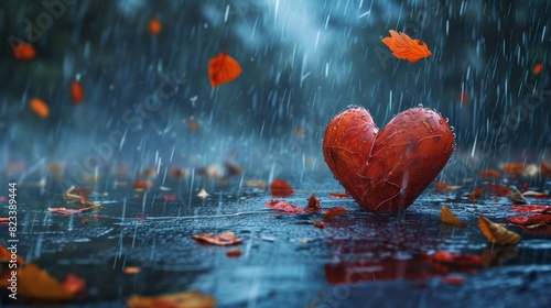 Atmospheric shot of a red heart in the rain with vibrant autumn leaves on a wet city street, evoking poignancy.