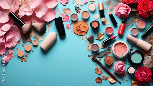 Various makeup products are arranged on a blue background, including eyeshadow, blush, lipstick, and brushes.