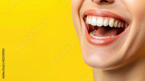 Close-up of smiling person with clear braces on teeth against yellow background