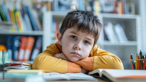 Young boy looking tired or bored while leaning on table with open book and colored pencils