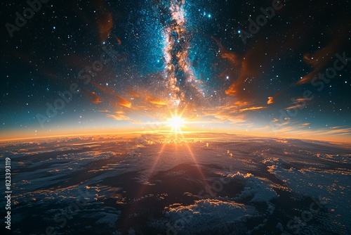 Digital artwork of milky way rising behind the earth and sun, high quality, high resolution