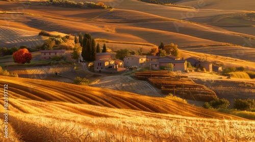 Golden hills of Tuscany with farmhouses in the countryside